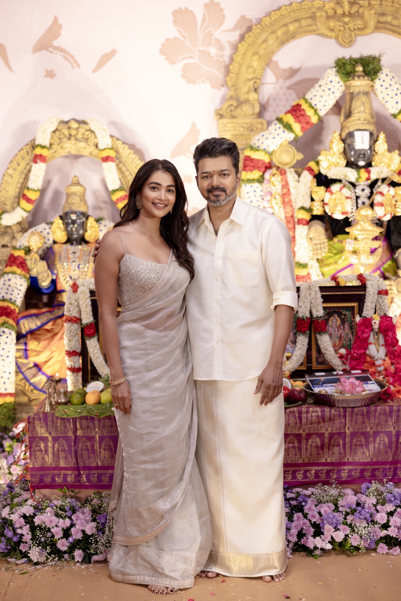 Joseph Vijay and Pooja Hegde at an event for Thalapathy69 (2025)