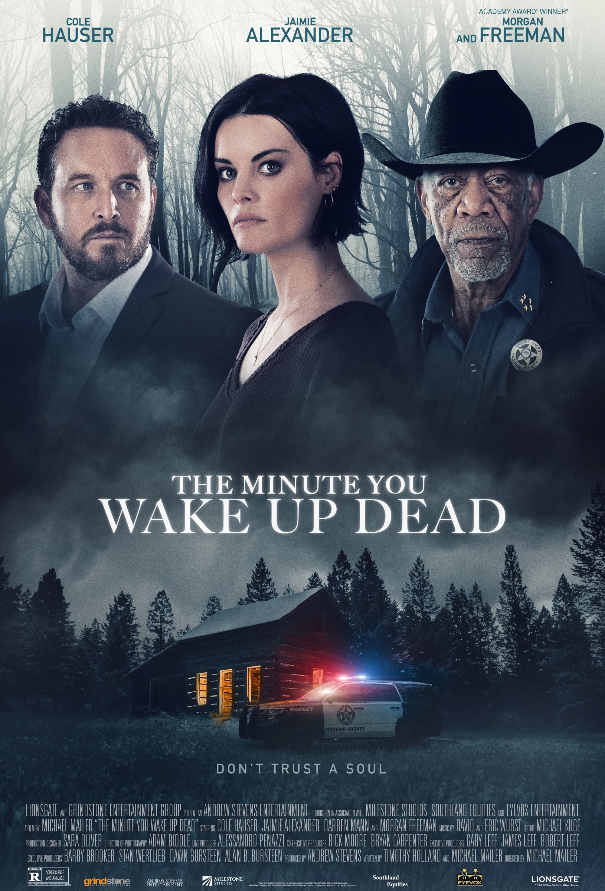 Morgan Freeman, Cole Hauser, and Jaimie Alexander in The Minute You Wake up Dead (2022)