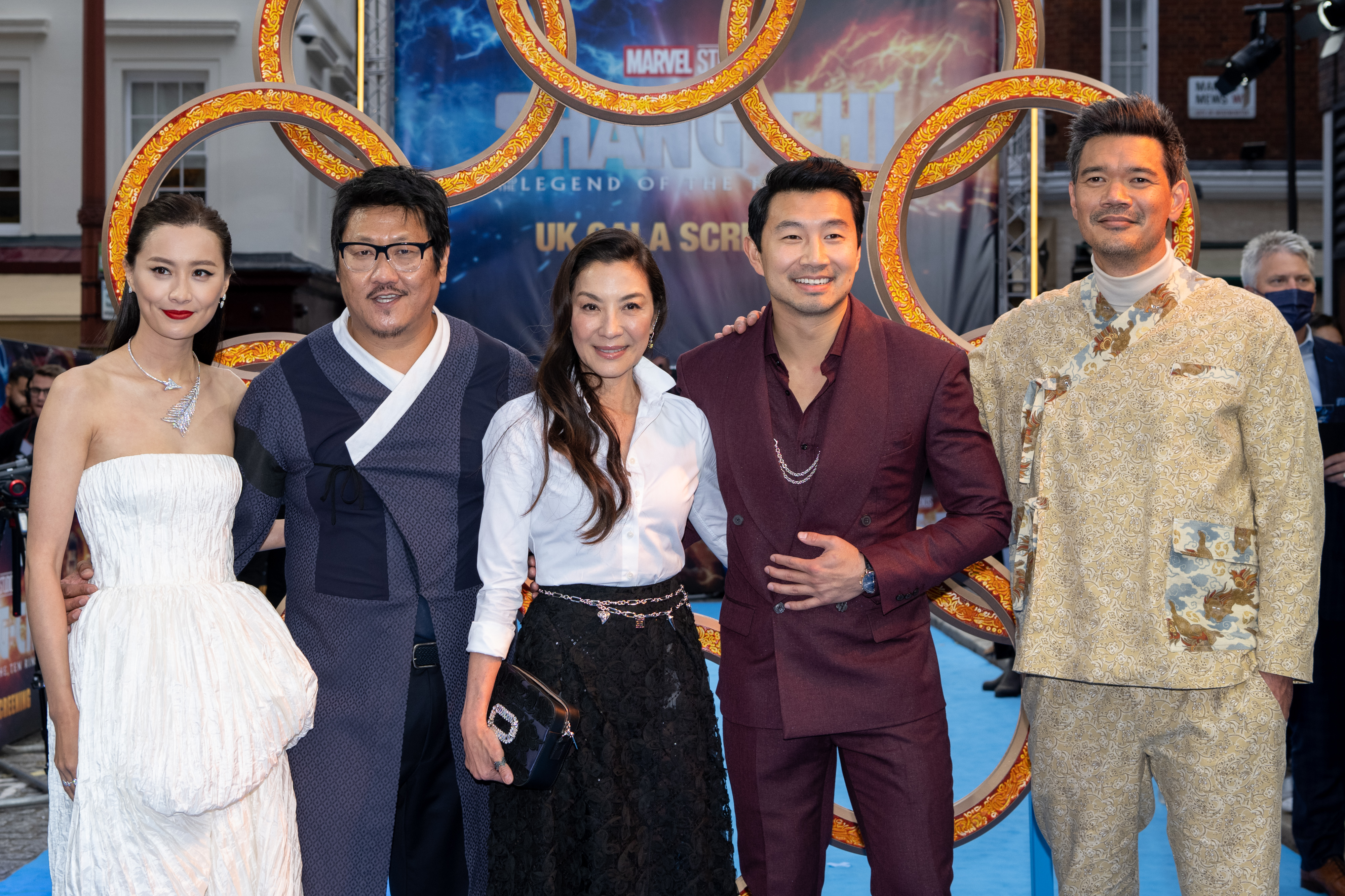 Michelle Yeoh, Benedict Wong, Destin Daniel Cretton, Fala Chen, and Simu Liu at an event for Shang-Chi and the Legend of the Ten Rings (2021)