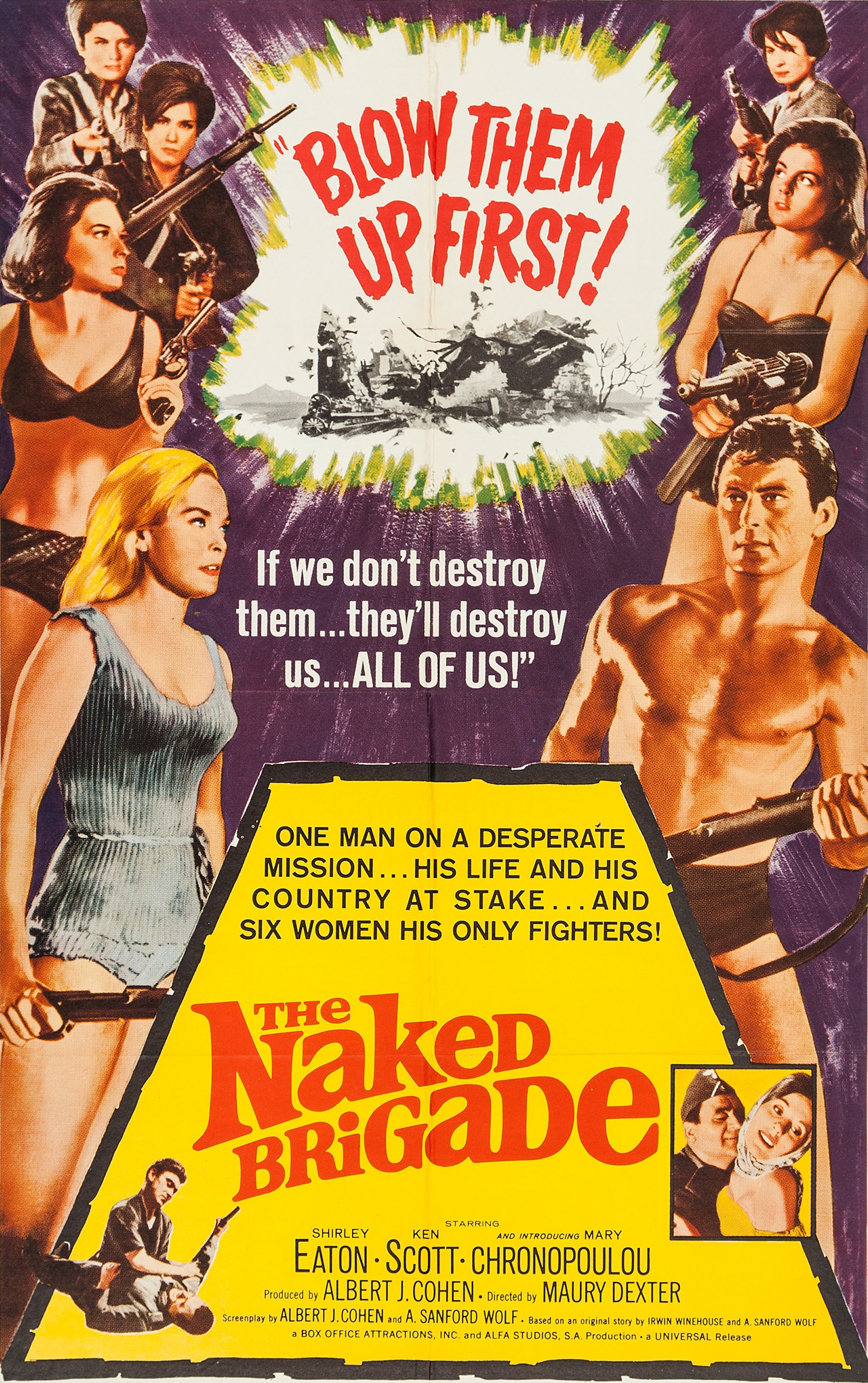 Mary Hronopoulou, Shirley Eaton, and Ken Scott in The Naked Brigade (1965)