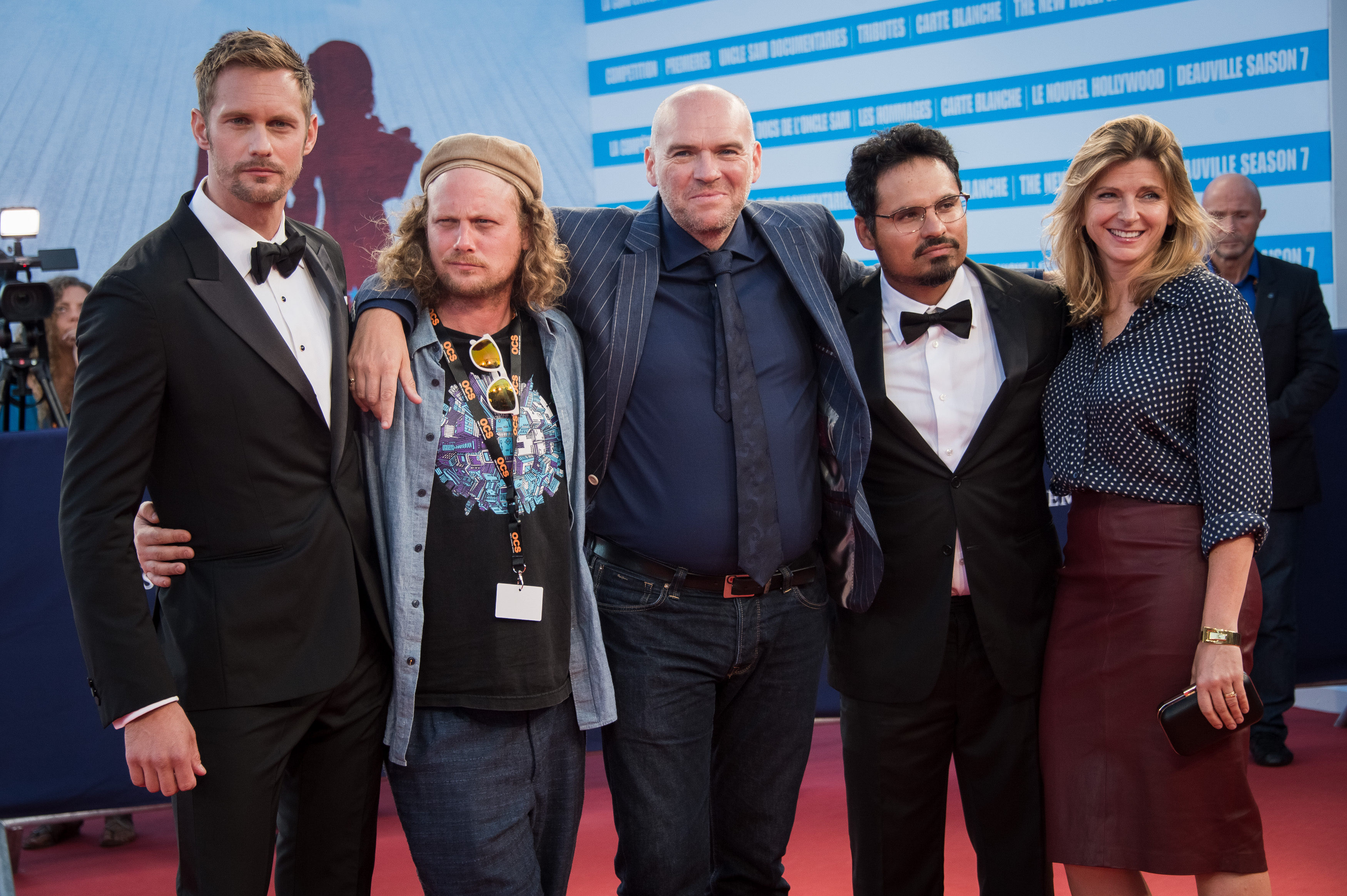 WAR ON EVERYONE premiere. Deauville, France.

Left to right - Alexander Skarsgård, Dada Flair, John Michael McDonagh, Michael Peña, Elizabeth Eves