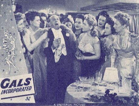 Nancy Brinckman, Maureen Cannon, Lillian Cornell, Evelyn Dockson, Leon Errol, Harriet Nelson, Betty Kean, Gwen Kenyon, Doris Linden, and Grace McDonald in Gals, Incorporated (1943)