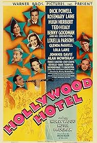 Hugh Herbert, Glenda Farrell, Benny Goodman, Ted Healy, Lola Lane, Rosemary Lane, Louella Parsons, and Dick Powell in Hollywood Hotel (1937)