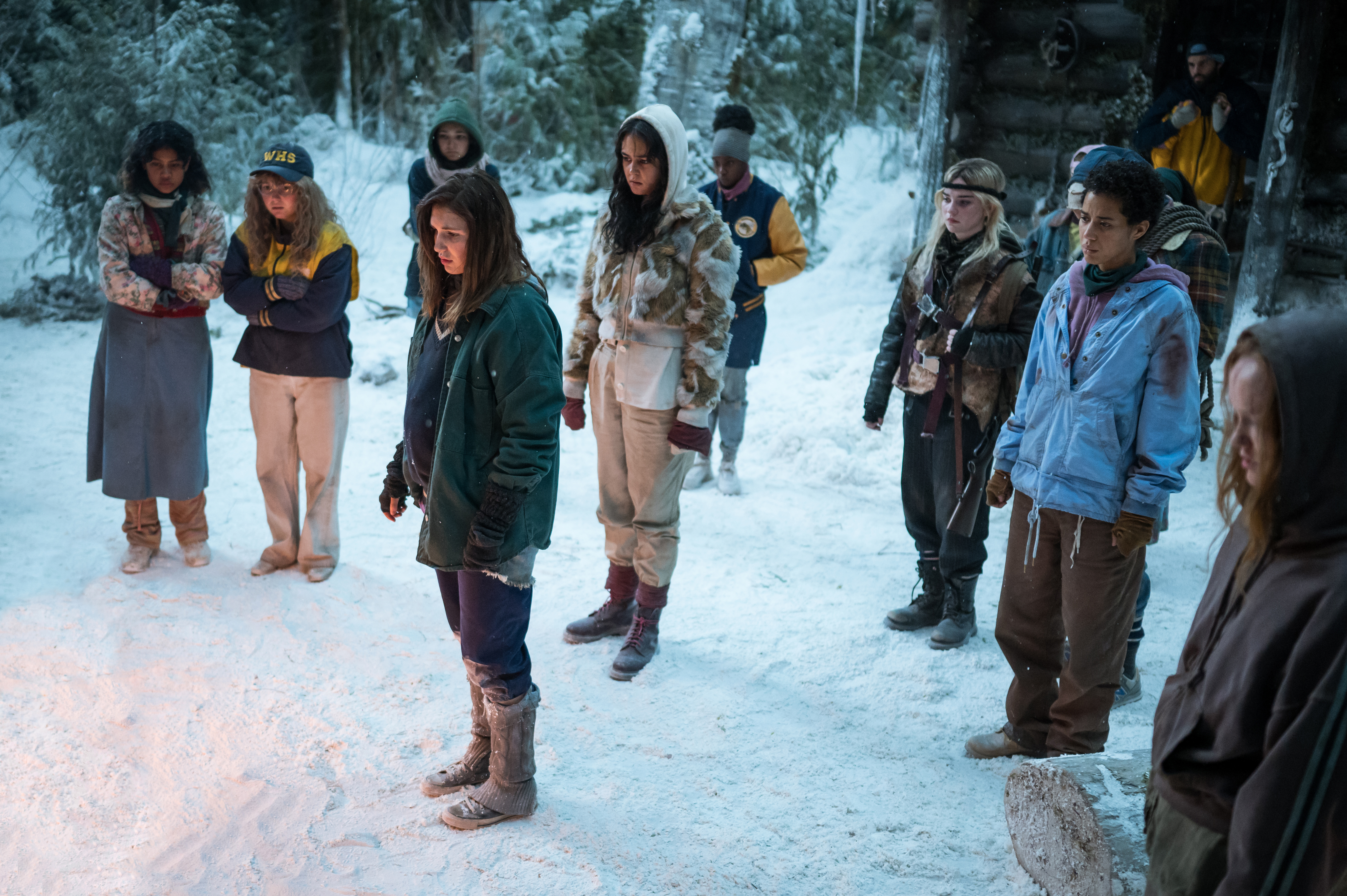 Nuha Jes Izman, Nia Sondaya, Samantha Hanratty, Steven Krueger, Sophie Nélisse, Courtney Eaton, Jasmin Savoy Brown, Liv Hewson, Sophie Thatcher, and Alexa Barajas in Yellowjackets (2021)