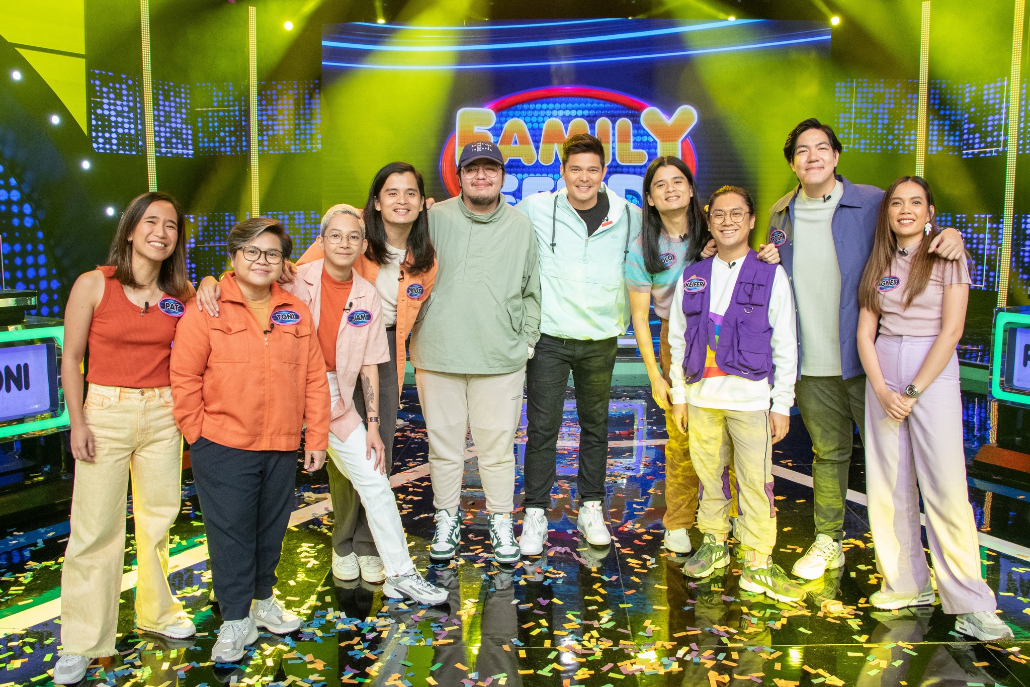 Dingdong Dantes, Paolo Guico, Miguel Guico, Agnes Reoma, Keifer Cabugao, Poch Barretto, Toni Muñoz, Patricia R. Lasaten, and Jam Villanueva in Family Feud Philippines (2022)