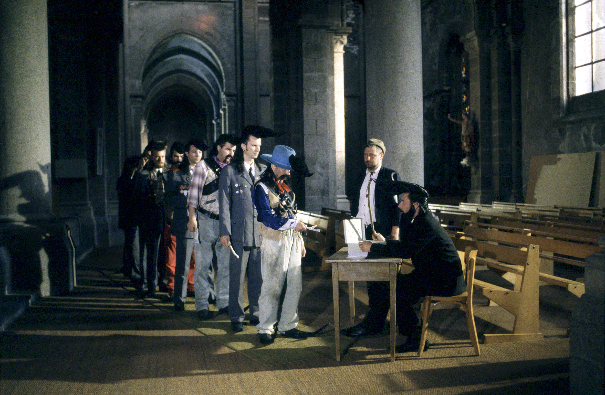 Matti Pellonpää, Silu Seppälä, Mato Valtonen, Kari Väänänen, Ben Granfelt, Pemo Ojala, and Jore Marjaranta in Leningrad Cowboys Meet Moses (1994)