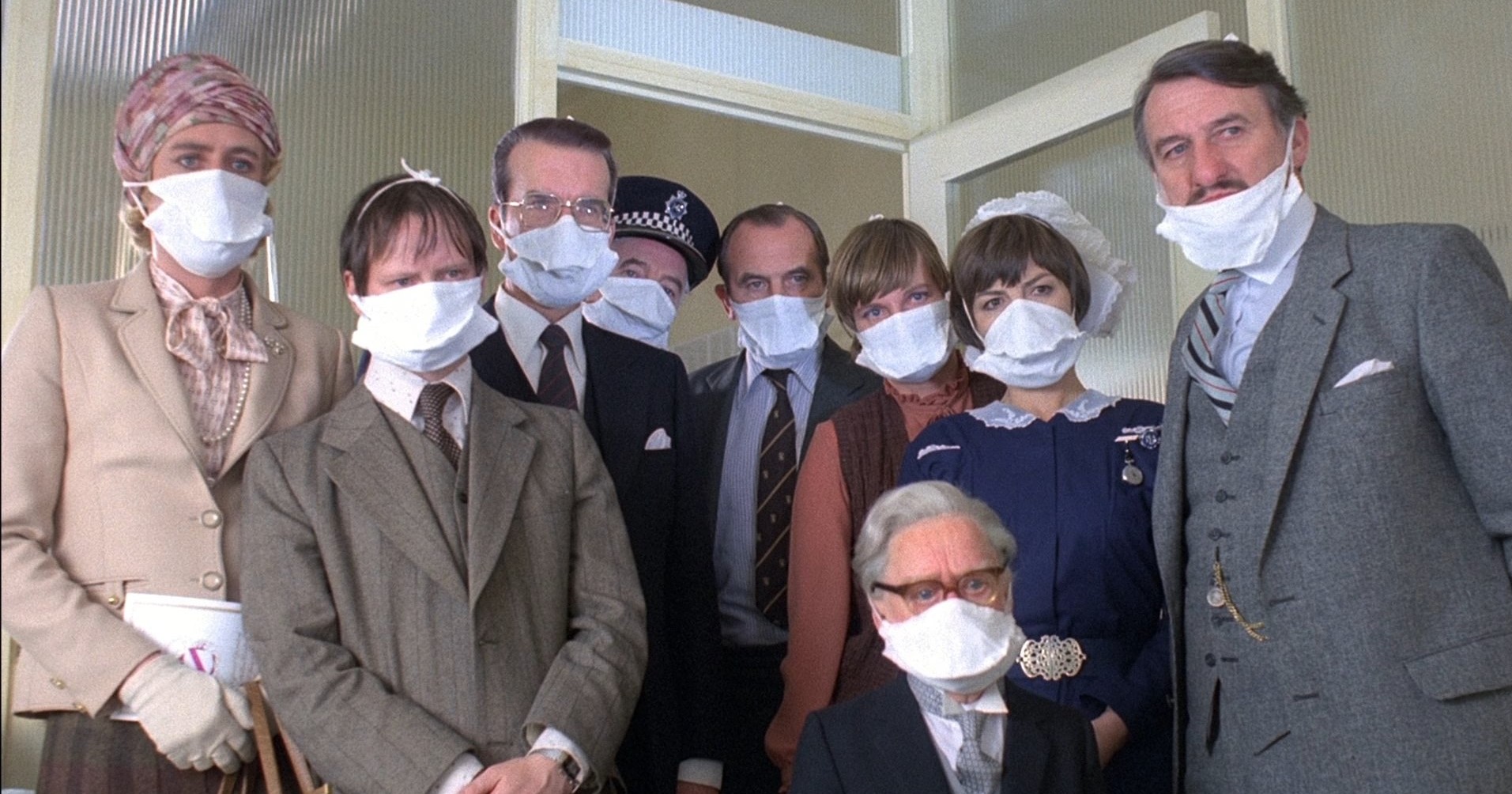 John Bett, Peter Jeffrey, Fulton Mackay, John Moffatt, Brian Pettifer, Vivian Pickles, Marcus Powell, and Leonard Rossiter in Britannia Hospital (1982)