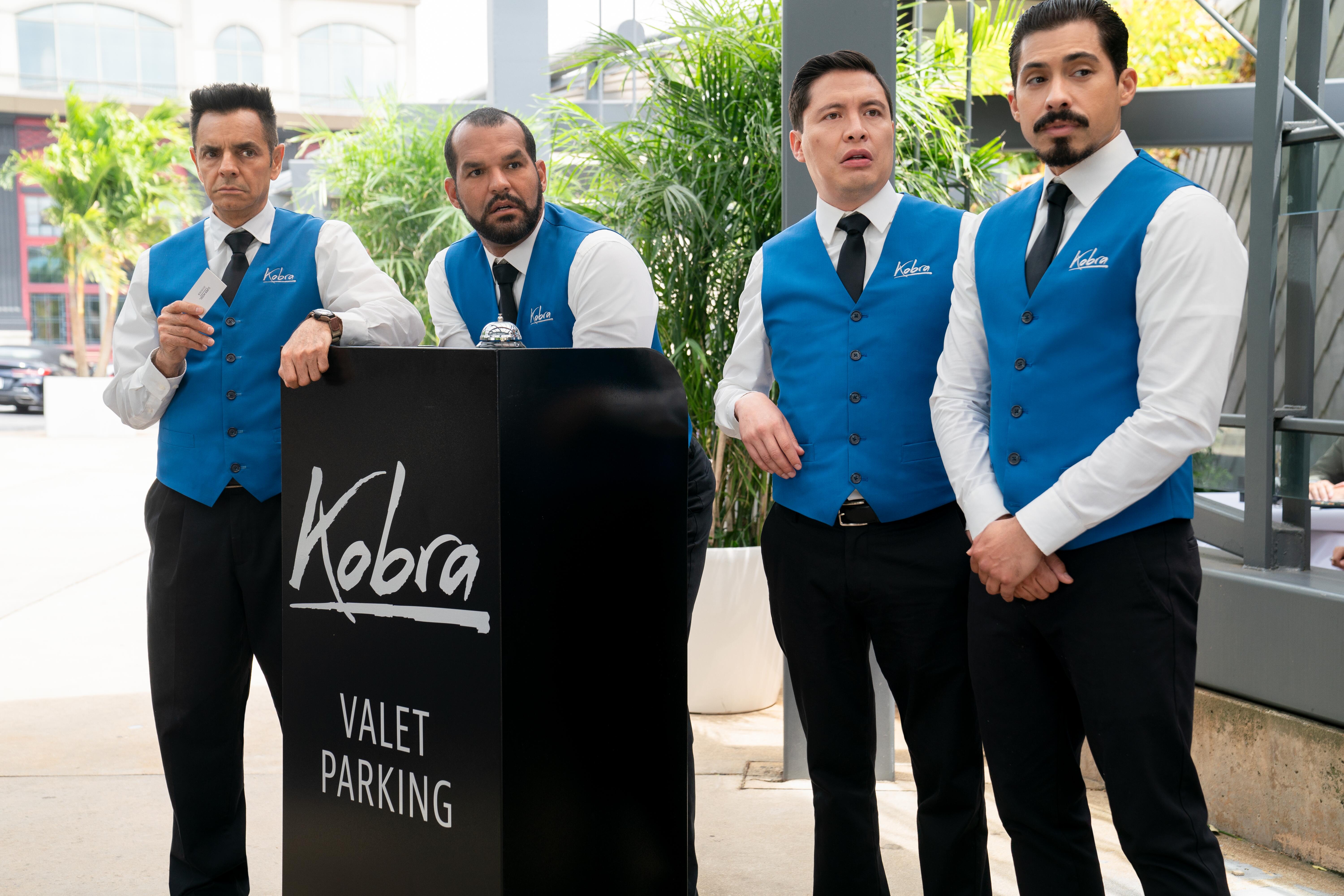 Eugenio Derbez, Armando Hernández, Amaury Nolasco, and Carlos Santos in The Valet (2022)