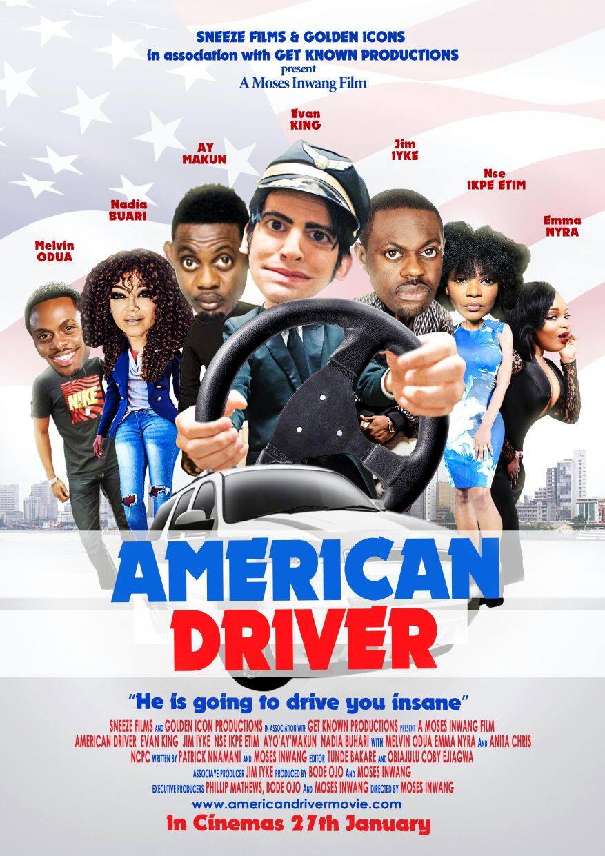 Jim Iyke, Evan King, Nadia Buari, Nse Ikpe-Etim, Ayo Makun, Emma Nyra, and Melvin Oduah in American Driver (2017)