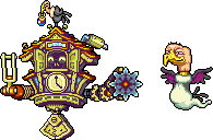 Ripped sprites of Cuckoo Condor boss of Wario Land 4 which it shows its first form (left) and true form (right)