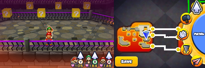 Twelfth, thirteenth, fourteenth, fifteenth, sixteenth and seventeenth blocks in Bowser's Castle of Mario & Luigi: Paper Jam.