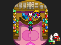 The interior of the Badge Shop from the Toad Town shopping mall in Mario & Luigi: Bowser's Inside Story