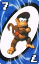 The Blue Seven card from the Nintendo UNO deck (featuring Diddy Kong)