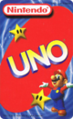 The back of the Nintendo UNO cards (featuring Mario and two Super Stars)