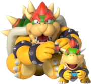 Bowser and Bowser Jr. playing with the Nintendo Switch.