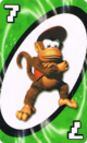 The Green Seven card from the Nintendo UNO deck (featuring Diddy Kong)