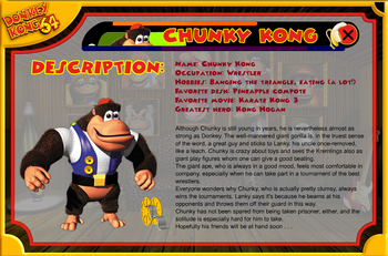 Official screencap of Chunky Kong's bio, from the German Donkey Kong 64 website.