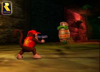 Diddy Kong using realistic pistols instead of the Peanut Popguns in a pre-release version of Donkey Kong 64.