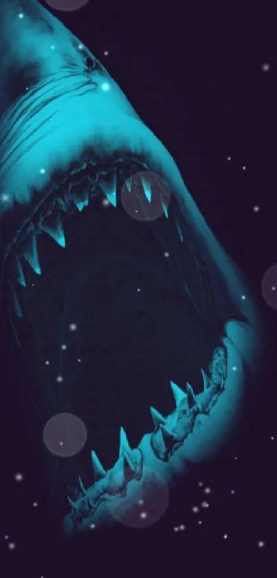 Dark-themed shark wallpaper with open jaws, featuring blue hues.