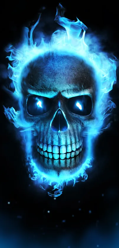 Glowing blue skull with fiery flames on a dark background.