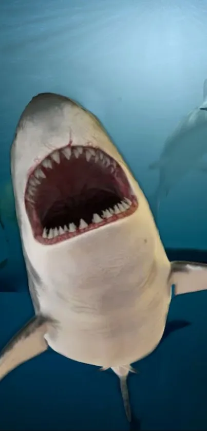 Exciting shark swimming under the ocean surface with mouth open.