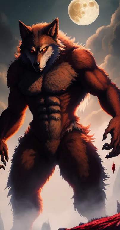 Werewolf stands tall under full moon.