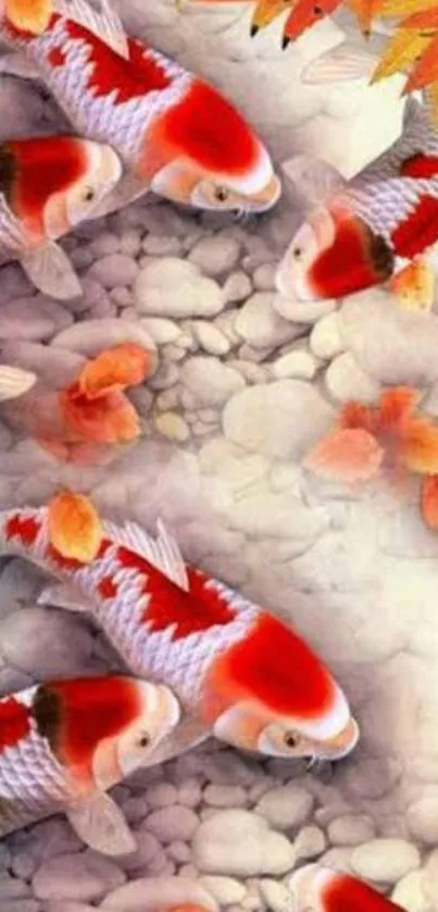 Vibrant koi fish swimming among autumn leaves on pebbles.