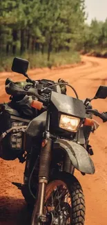 Rugged motorcycle on a dirt road through a forest, perfect for adventure lovers.