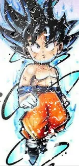 Anime warrior in orange pants with vibrant energy aura.