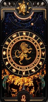 Astrological zodiac wheel with Leo symbol on dark starry background.