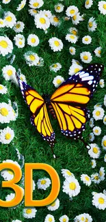 Orange butterfly on green field with daisies.