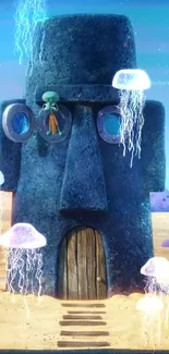 Cartoon ocean house with jellyfish around.