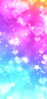 Colorful wallpaper with bokeh hearts and stars in pink, purple, and blue hues.