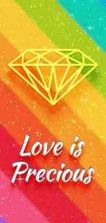 Mobile wallpaper with a rainbow gradient and geometric diamond design.