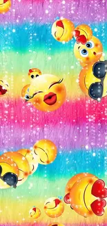 Colorful wallpaper with cheerful emojis on a pastel rainbow background.