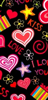 Mobile wallpaper with colorful love hearts and romantic icons.