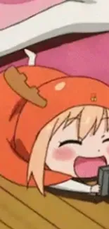 Anime girl in orange hoodie smiling and playing.