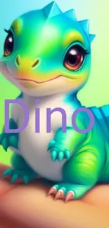 Cartoon baby dinosaur with cyan colors on a gentle hand, creating a cute wallpaper.