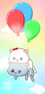 Cute cartoon kittens float with balloons on a pastel rainbow background.