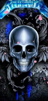 Dark skull with wings and blue accents wallpaper.