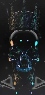 Dark skull with a crown on black background.