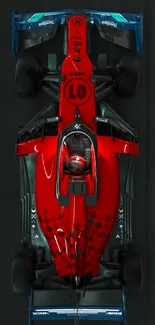 Top view of red race car on a high-speed track.