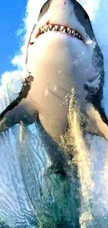 Shark leaping out of ocean with splash and blue sky.