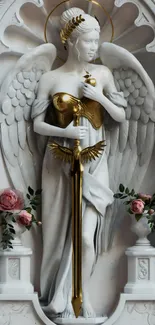 Angel sculpture with sword, elegant and serene design.