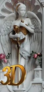 Angelic sculpture with golden accents and roses, perfect for art lovers' mobile backgrounds.