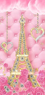 Pink and gold Eiffel Tower design with heart details.