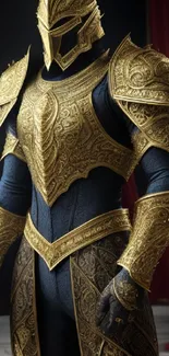 Golden knight armor with intricate details and rich red backdrop.