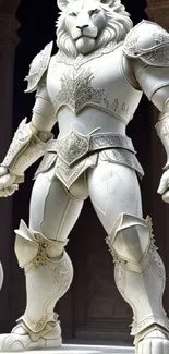 Intricate ivory lion warrior statue in elegant armor.