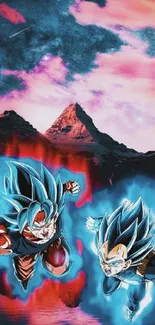 Epic anime battle scene with vibrant colors and mountain backdrop.