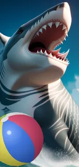 Epic shark with beach ball in ocean waves.